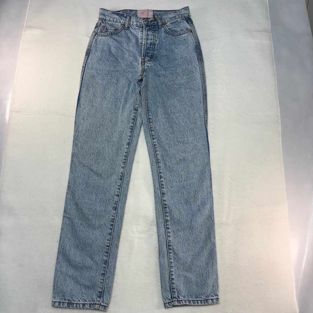 Revice Denim High Waisted Straight Leg Jeans Light Acid Wash Button Fly Size 25‎